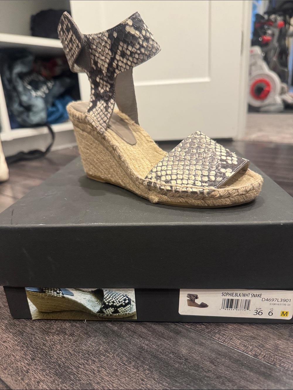 Vince Snakeskin Espadrille Wedge Sandal - Black/White